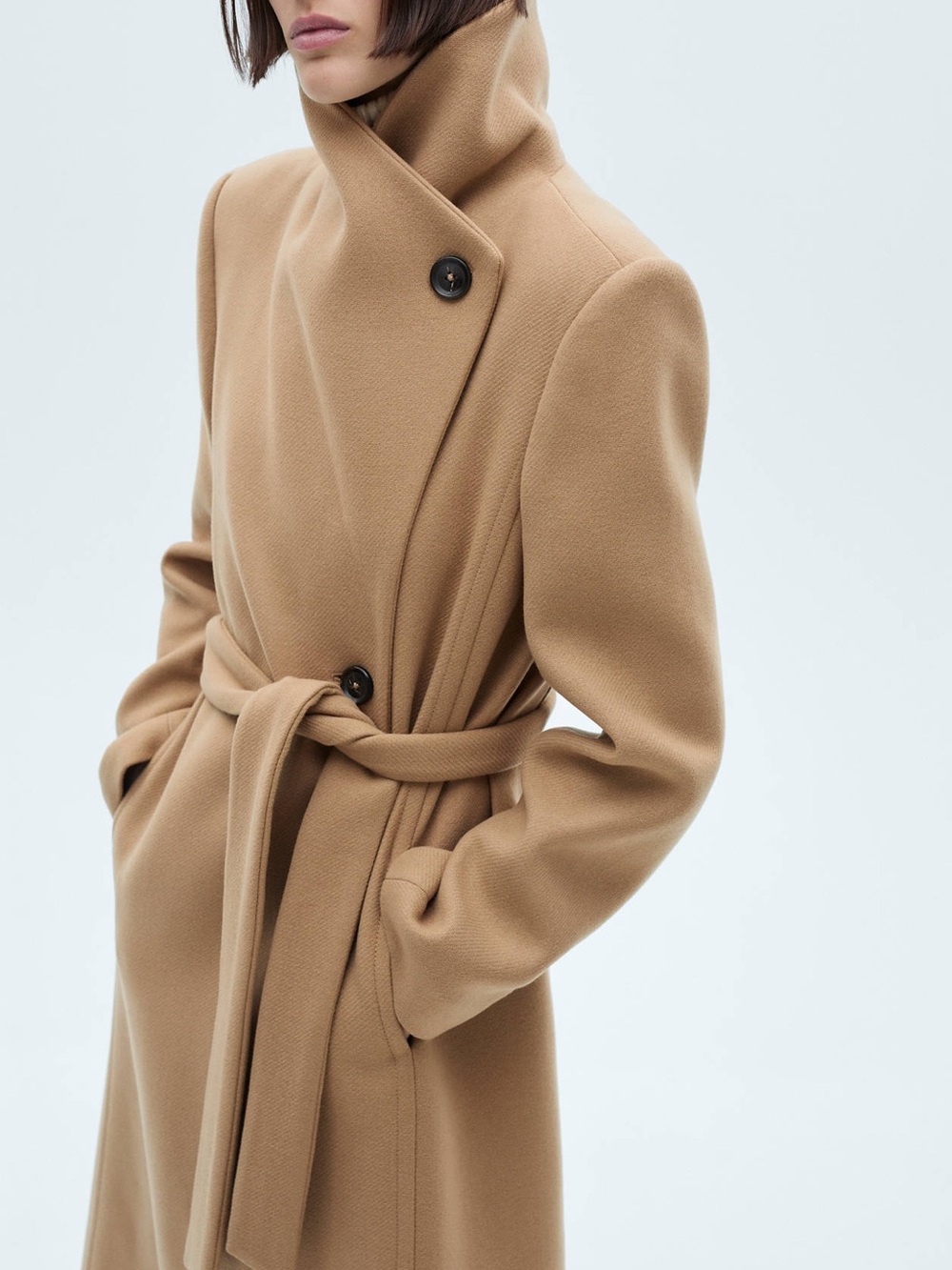 Mango Woman Size L Camel Italian Wool Belted Long Coat High Collar $300 NWT